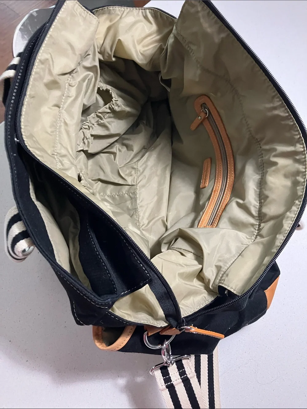 Pottery Barn Kids Black Canvas Baby Bag with Cream Striped Webbing